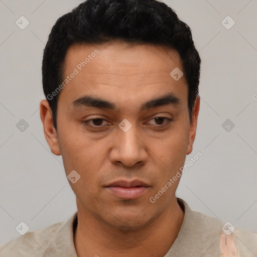 Neutral asian young-adult male with short  black hair and brown eyes