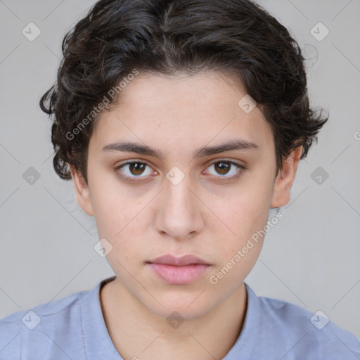 Neutral white young-adult female with short  brown hair and brown eyes