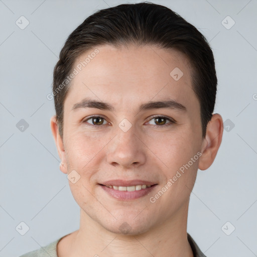 Joyful white young-adult male with short  brown hair and brown eyes