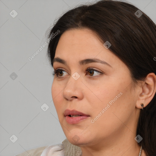 Neutral white young-adult female with medium  brown hair and brown eyes