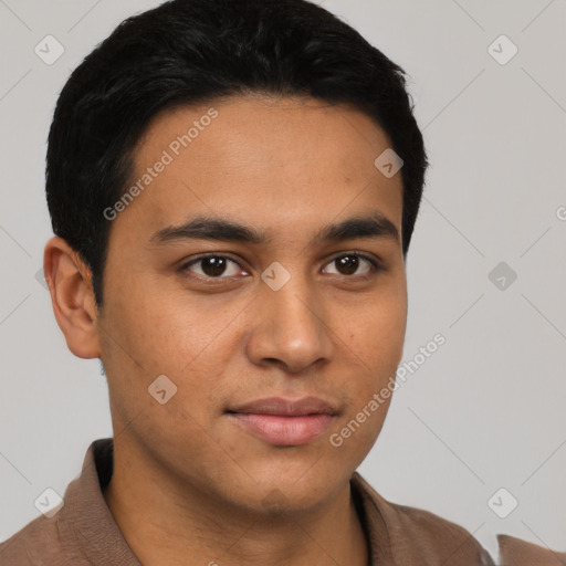 Neutral latino young-adult male with short  black hair and brown eyes