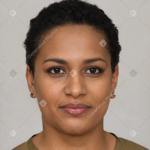 Joyful black young-adult female with short  brown hair and brown eyes