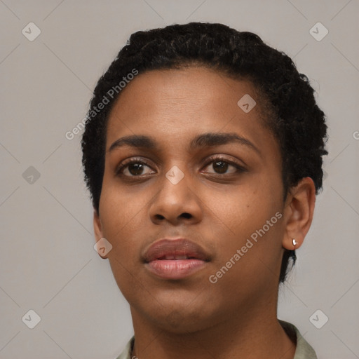 Neutral black young-adult female with short  black hair and brown eyes