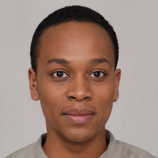 Neutral black young-adult female with short  black hair and brown eyes
