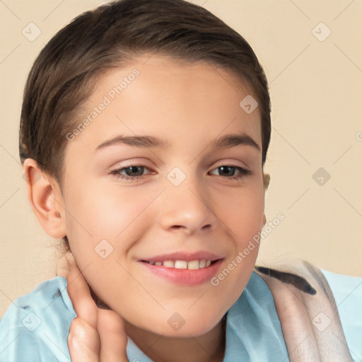 Joyful white child female with short  brown hair and brown eyes