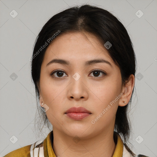 Neutral asian young-adult female with medium  black hair and brown eyes