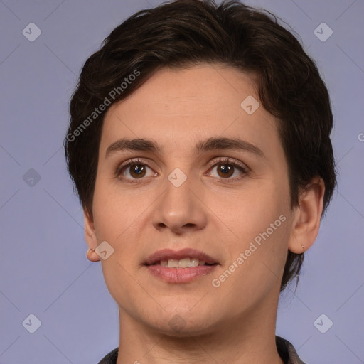 Joyful white young-adult female with short  brown hair and brown eyes