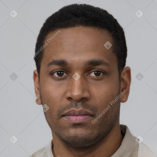 Neutral latino young-adult male with short  black hair and brown eyes