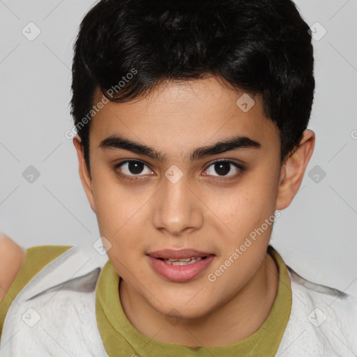 Joyful latino young-adult male with short  brown hair and brown eyes