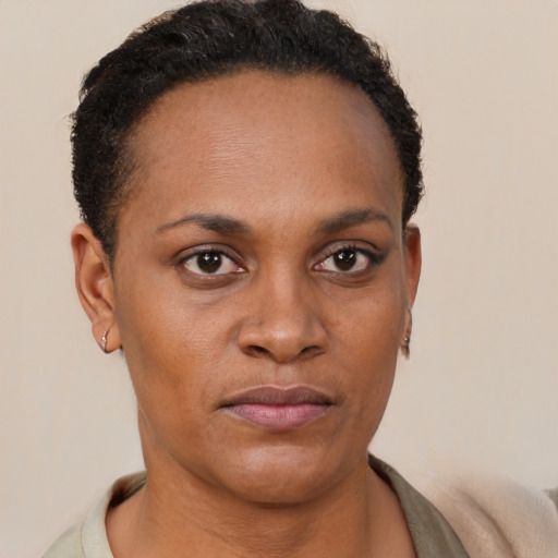 Neutral black young-adult female with short  brown hair and brown eyes
