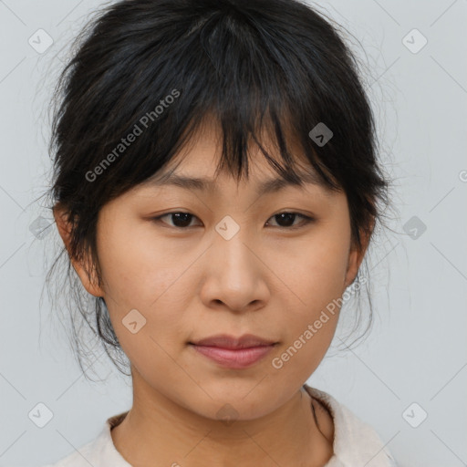 Neutral asian young-adult female with medium  brown hair and brown eyes