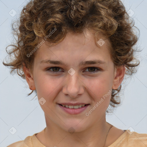 Joyful white child female with medium  brown hair and brown eyes