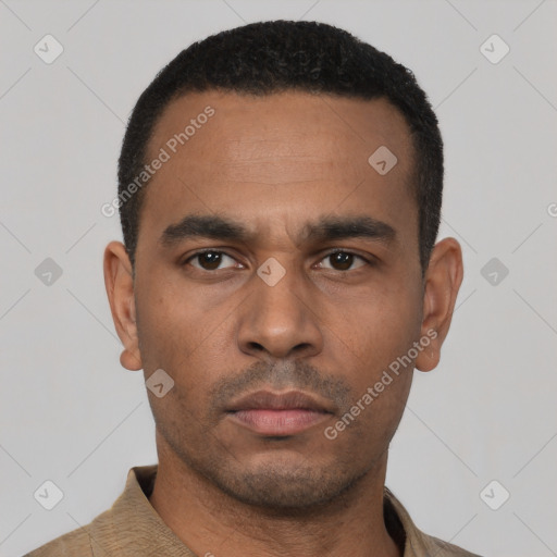 Neutral latino young-adult male with short  black hair and brown eyes