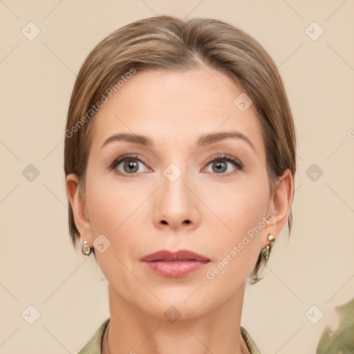 Neutral white young-adult female with medium  brown hair and grey eyes