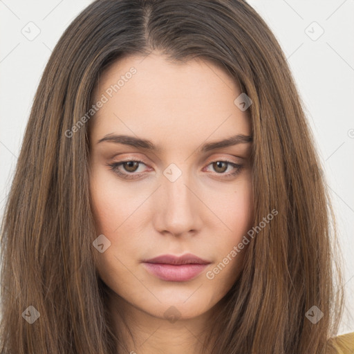 Neutral white young-adult female with long  brown hair and brown eyes