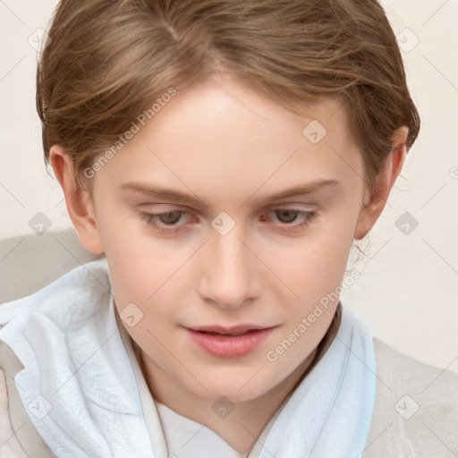 Joyful white child female with short  brown hair and brown eyes