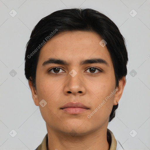 Neutral asian young-adult male with short  black hair and brown eyes