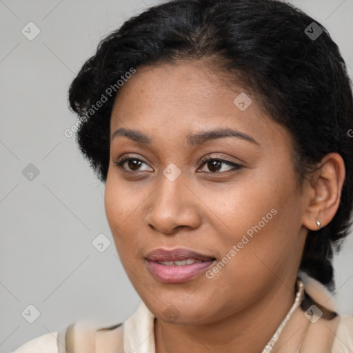 Joyful latino young-adult female with short  brown hair and brown eyes