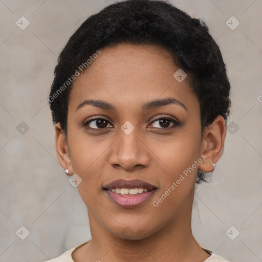 Joyful latino young-adult female with short  black hair and brown eyes