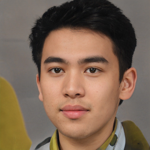 Neutral asian young-adult male with short  black hair and brown eyes