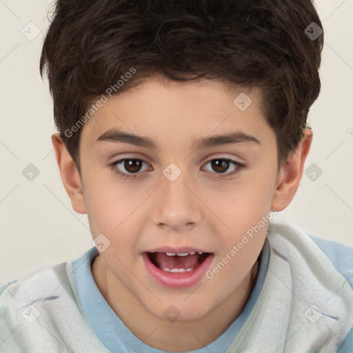 Joyful white child male with short  brown hair and brown eyes