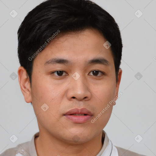 Neutral asian young-adult male with short  brown hair and brown eyes