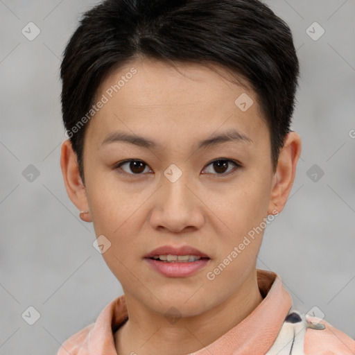 Joyful asian young-adult female with short  brown hair and brown eyes
