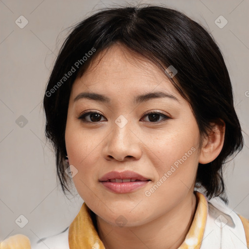 Joyful asian young-adult female with medium  brown hair and brown eyes