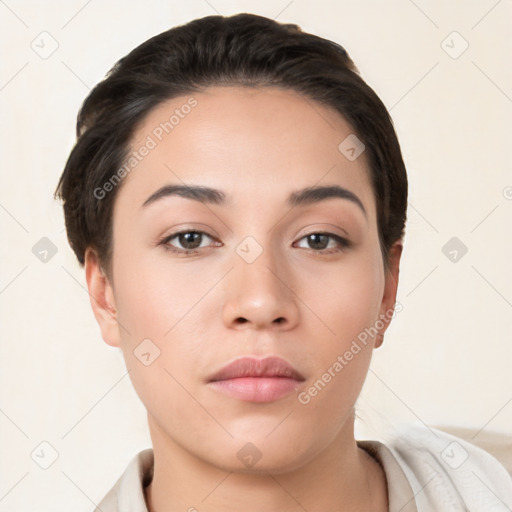 Neutral white young-adult female with short  brown hair and brown eyes