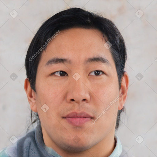 Neutral asian adult male with short  brown hair and brown eyes