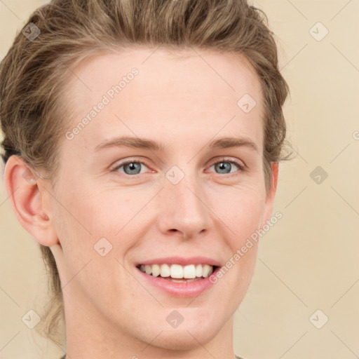 Joyful white young-adult female with medium  brown hair and blue eyes