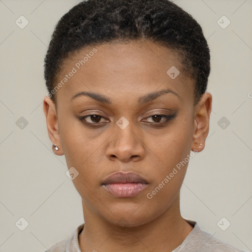 Neutral black young-adult female with short  brown hair and brown eyes