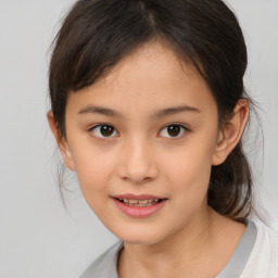 Joyful white child female with medium  brown hair and brown eyes