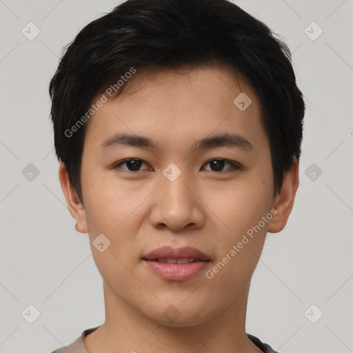 Joyful asian young-adult male with short  black hair and brown eyes