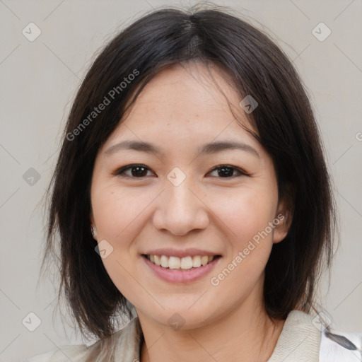 Joyful white young-adult female with medium  brown hair and brown eyes