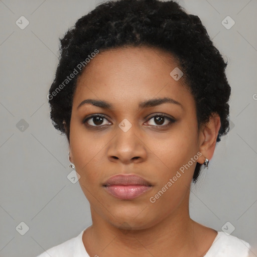 Neutral black young-adult female with short  black hair and brown eyes