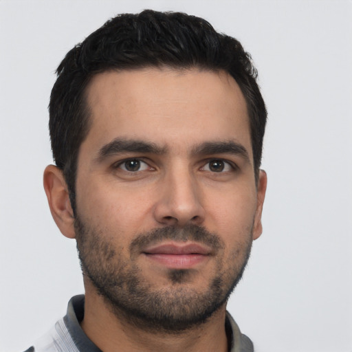 Neutral white young-adult male with short  black hair and brown eyes