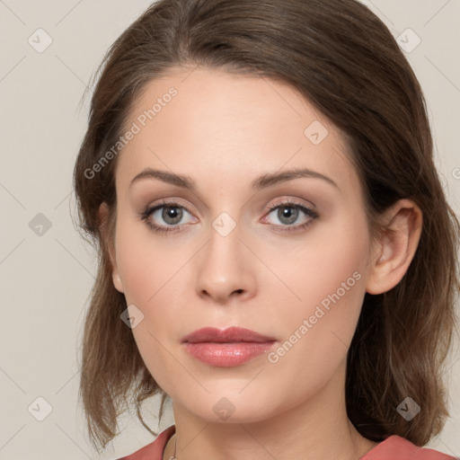 Neutral white young-adult female with medium  brown hair and grey eyes