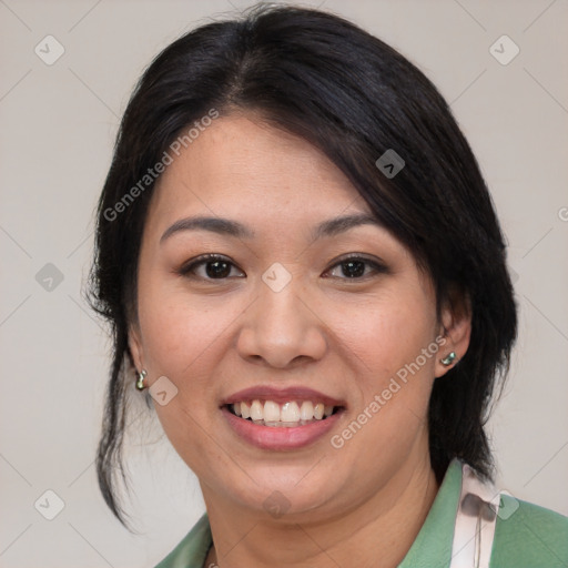 Joyful asian young-adult female with medium  brown hair and brown eyes