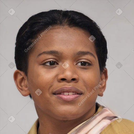 Joyful black young-adult female with short  brown hair and brown eyes