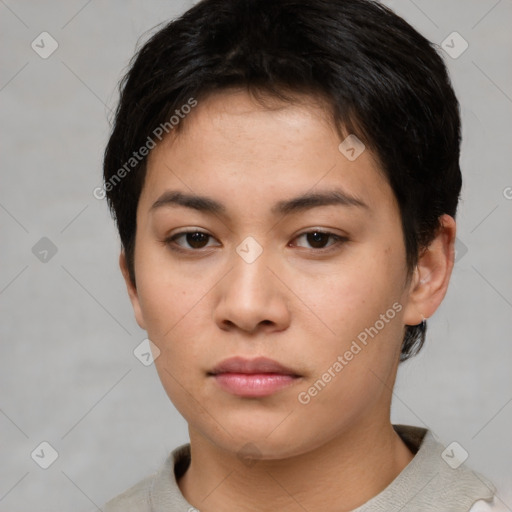 Neutral asian young-adult female with short  brown hair and brown eyes