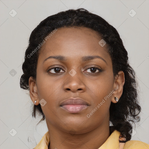 Neutral black young-adult female with medium  brown hair and brown eyes