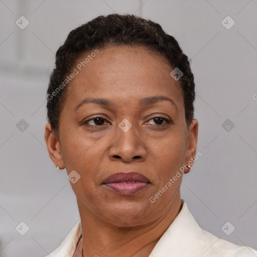 Neutral black adult female with short  brown hair and brown eyes