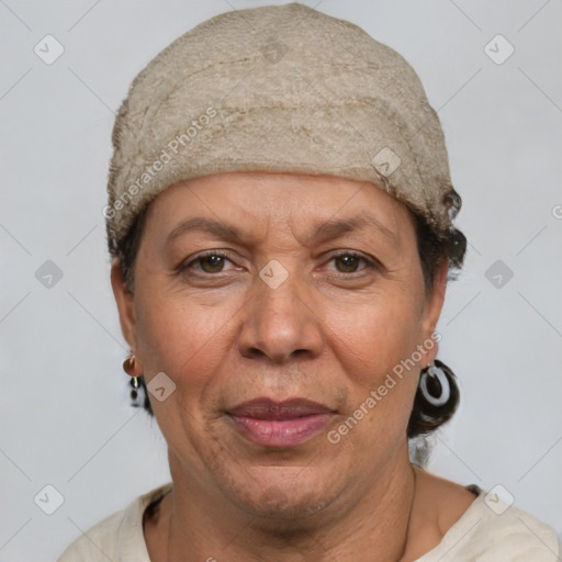 Joyful white adult female with short  brown hair and brown eyes