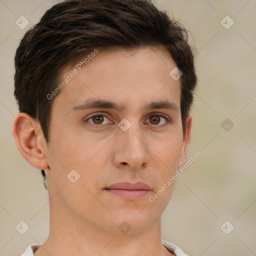 Neutral white young-adult male with short  brown hair and brown eyes