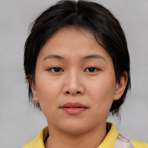Neutral white young-adult female with medium  brown hair and brown eyes