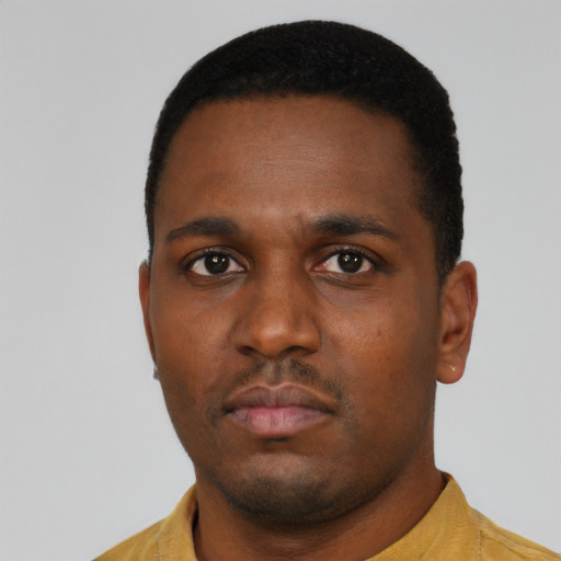 Neutral black young-adult male with short  black hair and brown eyes