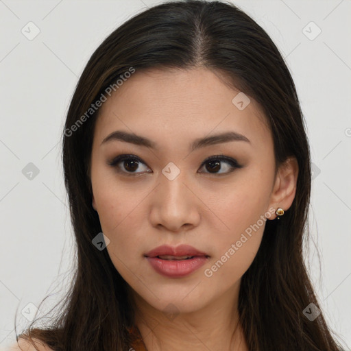 Neutral asian young-adult female with long  brown hair and brown eyes