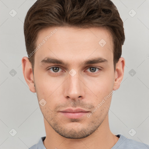 Neutral white young-adult male with short  brown hair and grey eyes