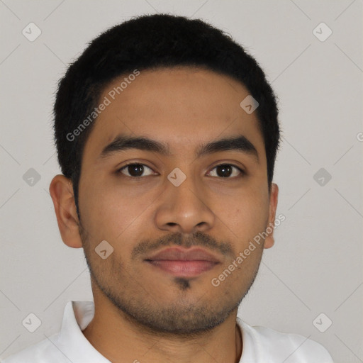 Neutral latino young-adult male with short  brown hair and brown eyes